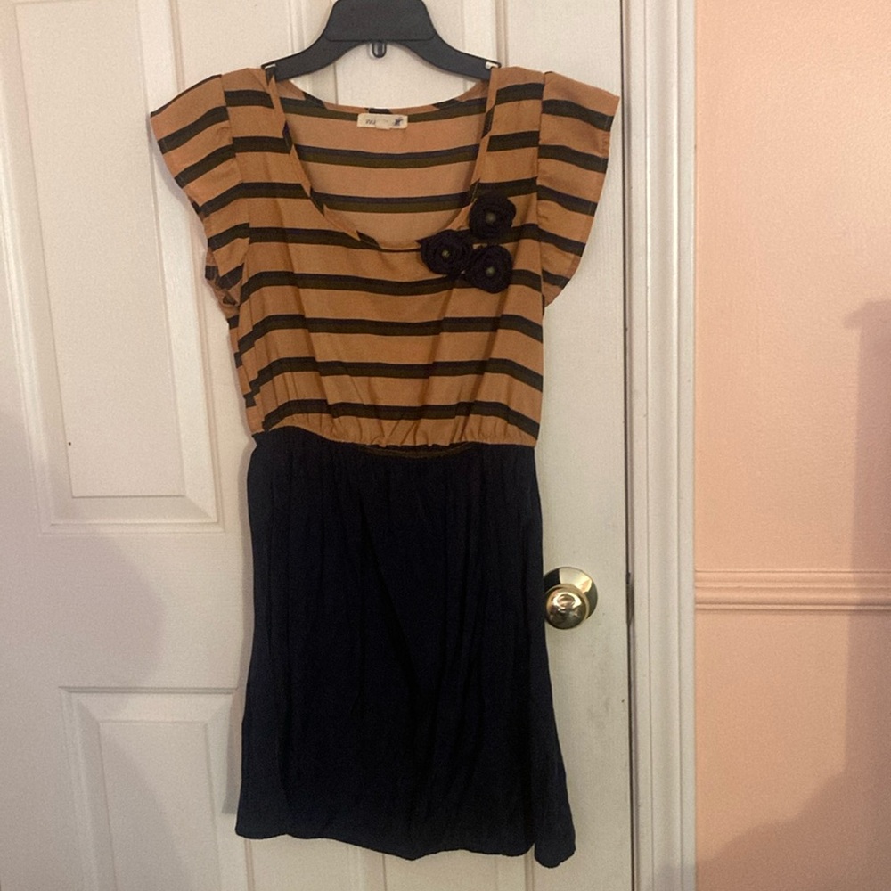 Striped Peachy Nude and Navy Dress with Floral Detail